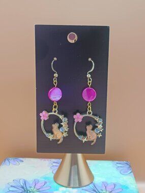 Celestial Kitty Pink Charm Dangle Earrings ✨🐱